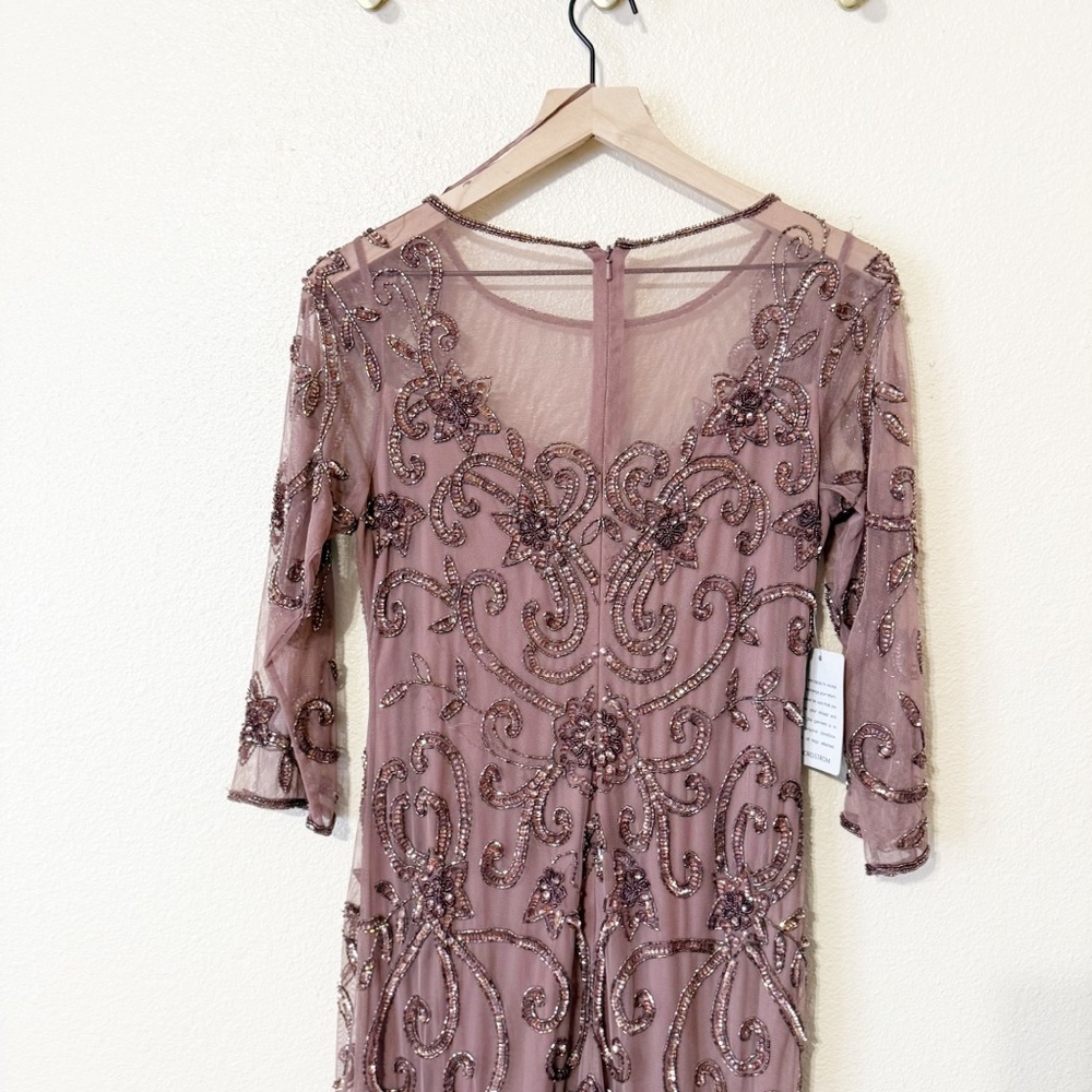 Pisarro Nights Beaded Illusion Neck Gown Mauve Tulle Flare Godet Hem Midi Size 6 - Picture 7 of 14